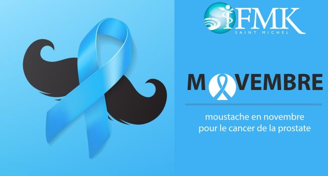 Prostate cancer awareness month banner. Vector illustration with satin ribbon and moustache on blue background. Men healthcare concept.